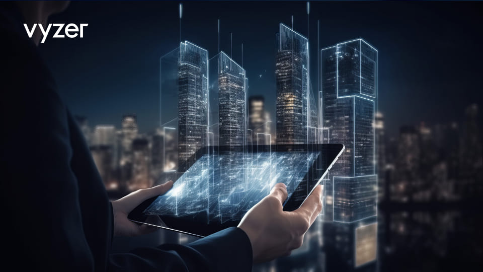 Cityscape with digital symbols representing technology in commercial real estate
