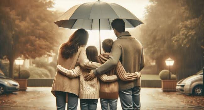 Family United Under Umbrella - Symbolizing Protection Offered by Family Income Riders and Insurance Products.