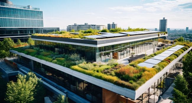 Green roof garden atop a commercial building, exemplifying ecological sustainability in commercial real estate.