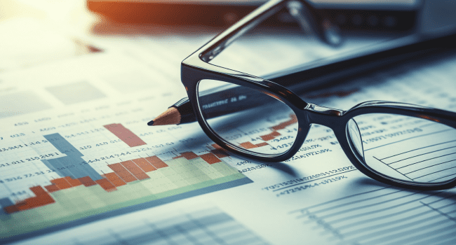 Analysis Report with Pen and Glasses - Detailed Financial Performance Attribution Examination.