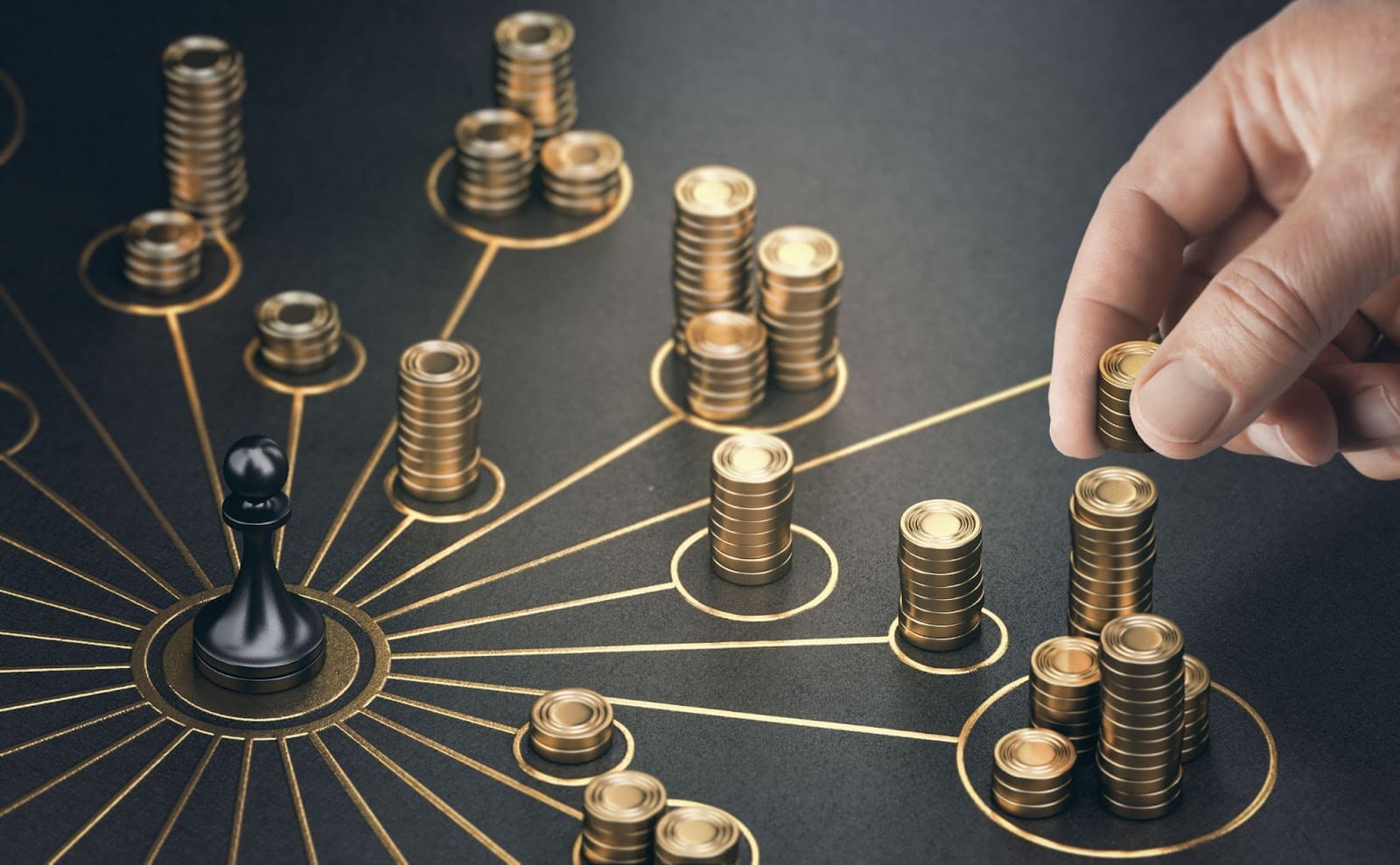 Man putting golden coins on a board representing multiple streams of income. Concept of multiplying sources of revenue.
