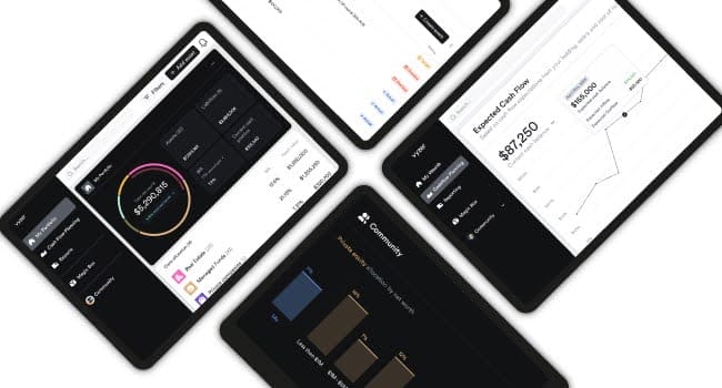 Multiple screens displaying Vyzer's features, a digital wealth management and investment tracking platform, ideal for passive investors in private markets.