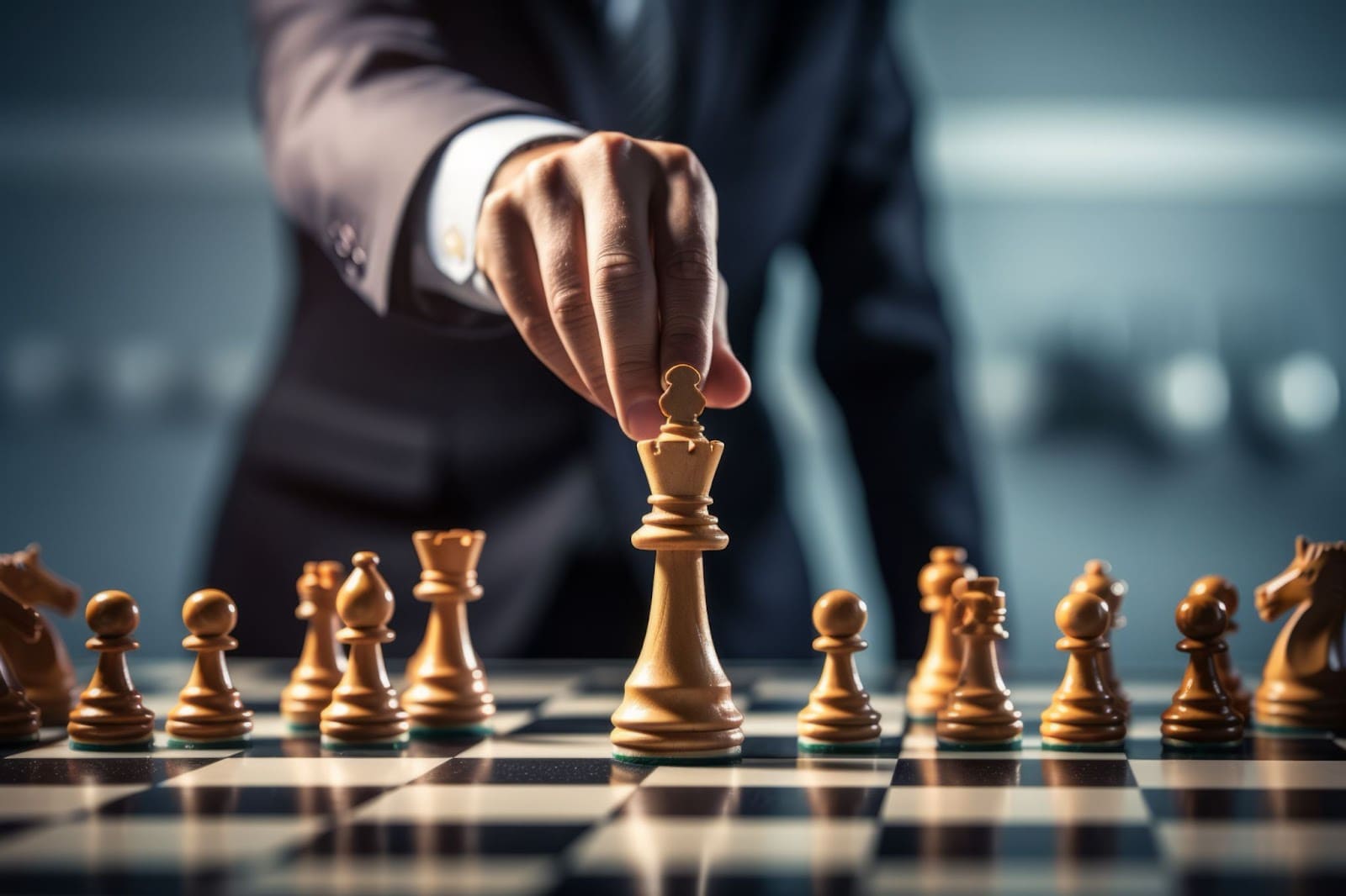 Businessman strategically moving a chess piece, symbolizing the calculated decisions of high net worth investors focused on building and preserving wealth through diversified investments and long-term planning.