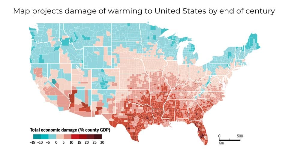 Map projecting climate change-related damage to the United States by the end of the century for real estate investing analysis.