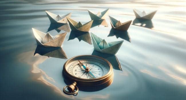 Origami paper boats in the water, surrounded by a single compass,representing navigational adjustments and goal realignment.