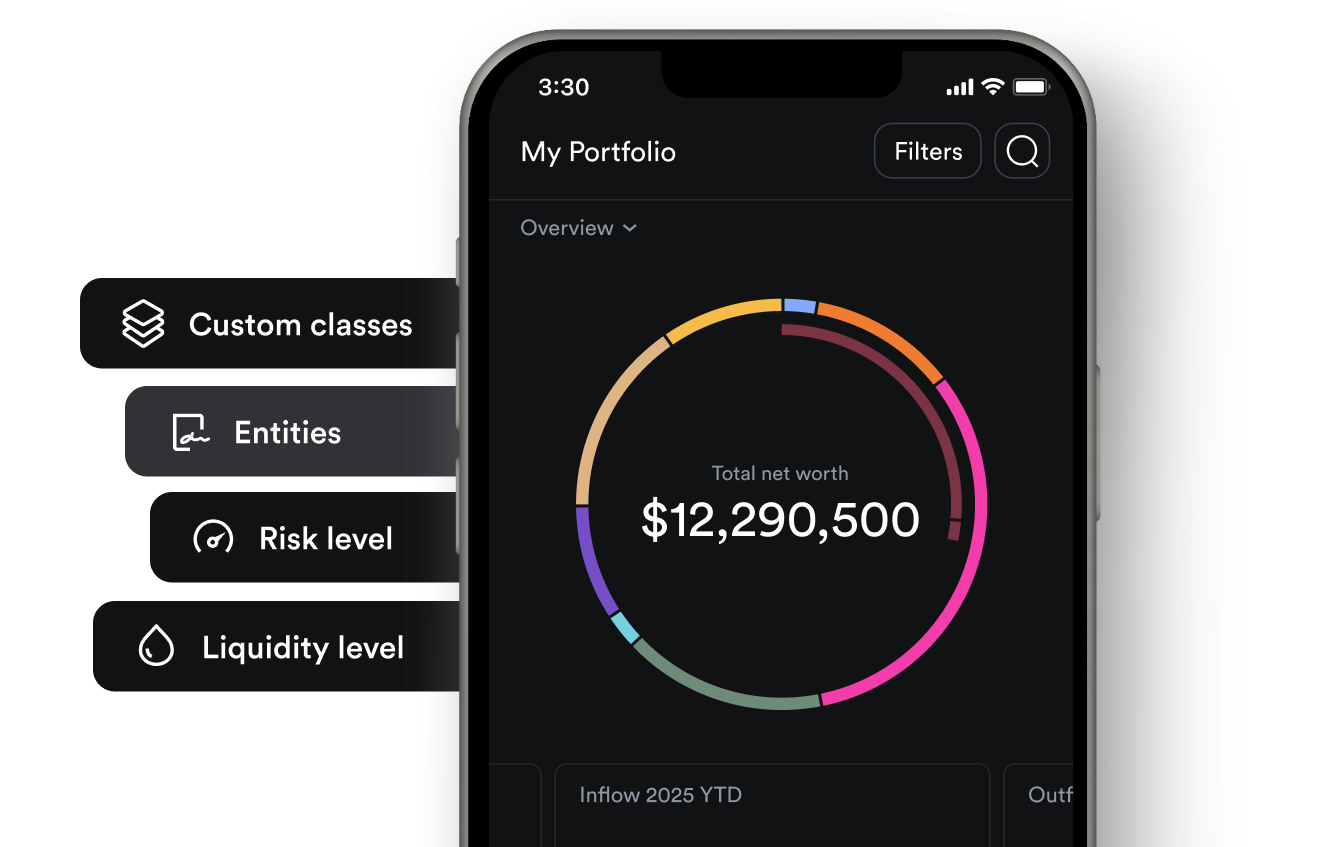 Vyzer mobile app showing a family's total net worth broken down by asset class, with filters for entities, custom classes, risk and liquidity
