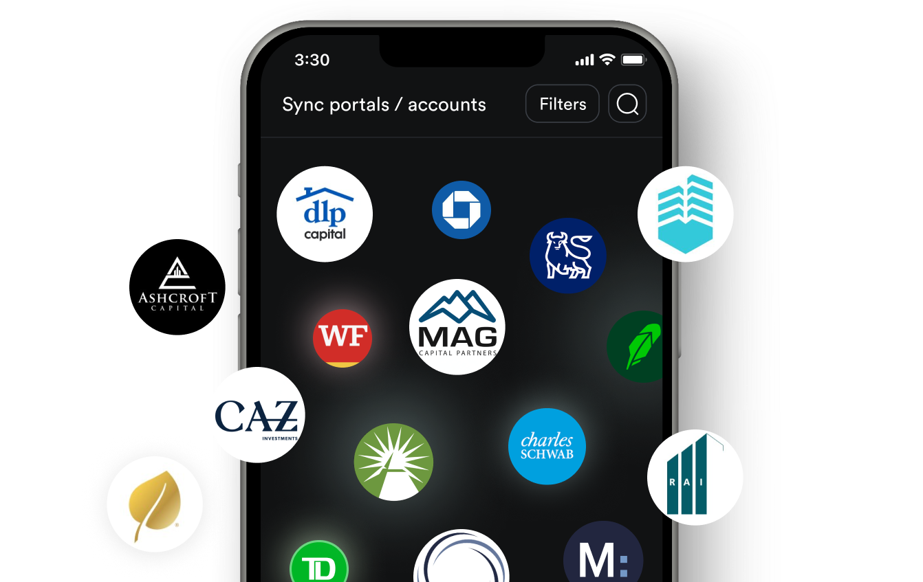 Vyzer sync screen showing connected banks, brokerages and private-fund sponsor portals