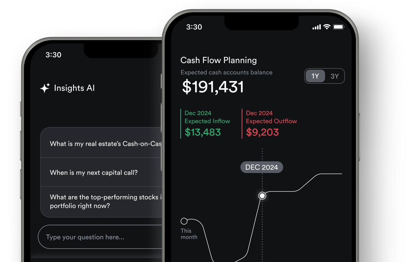 Vyzer Cash Flow Planning screen forecasting expected inflows and outflows, next to Insights AI answering when the next capital call is